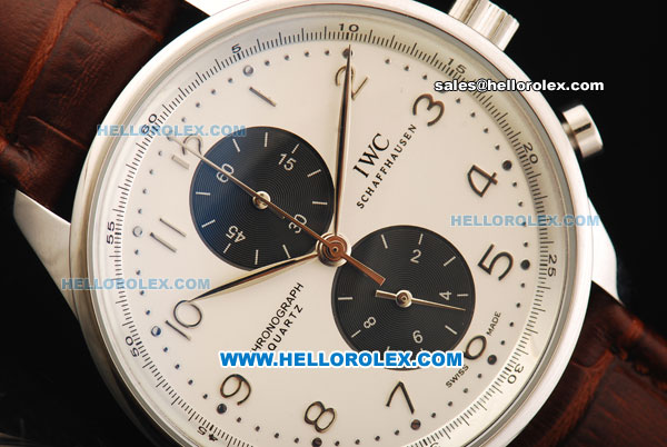 IWC Schaffhausen Chronograph Miyota Quartz Movement White Dial - Two Black Subdials with Arabic Numerals and Brown Leather Strap - Click Image to Close