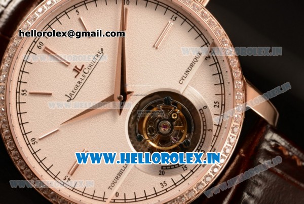 Jaeger-LECoultre Master Swiss Tourbillon Manual Winding Rose Gold Case White Dial Stick Markers With Rose Gold Bezel Brown Leahter Strap - Click Image to Close