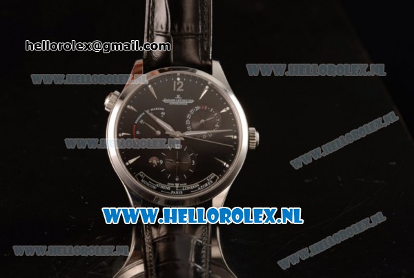 1:1 Jaeger-LECoultre Master Georgraphic Miyota 9015 Automatic Steel Case with Black Dial Stick Markers and Black Genuine Leather - Click Image to Close