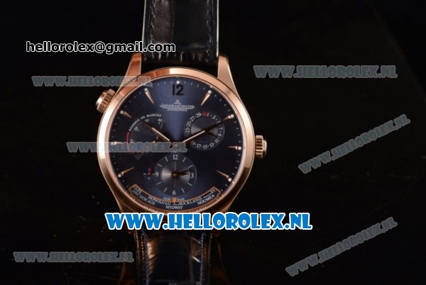 1:1 Jaeger-LECoultre Master Georgraphic Miyota 9015 Automatic Rose Gold Case with Blue Dial Stick Markers and Blue Genuine Leather - Click Image to Close