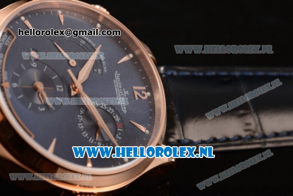 1:1 Jaeger-LECoultre Master Georgraphic Miyota 9015 Automatic Rose Gold Case with Blue Dial Stick Markers and Blue Genuine Leather - Click Image to Close