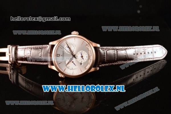 1:1 Jaeger-LECoultre Master Georgraphic Miyota 9015 Automatic Rose Gold Case with Silver Dial Stick Markers and Brown Genuine Leather - Click Image to Close