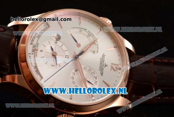 1:1 Jaeger-LECoultre Master Georgraphic Miyota 9015 Automatic Rose Gold Case with Silver Dial Stick Markers and Brown Genuine Leather - Click Image to Close