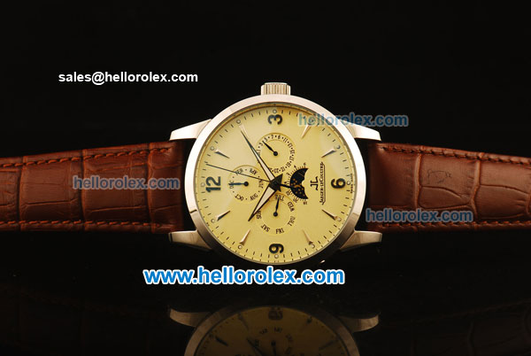 Jaeger Lecoultre Automatic Steel Case with Beige Dial and Brown Leather Strap - Click Image to Close