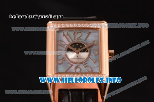 Jaeger-LeCoultre Reverso Squadra Miyota Quartz Rose Gold Case with Black MOP Dial Arabic Numeral Markers and Black Leather Strap - Click Image to Close
