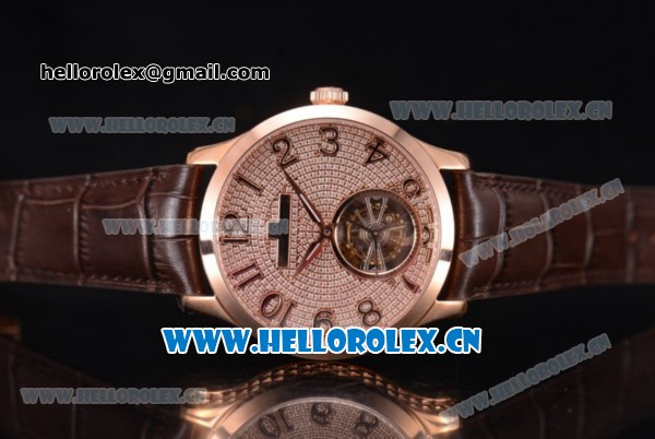 Jaeger-LECoultre Master Grande Tourbillon Swiss Tourbillon Automatic Rose Gold Case with Diamonds Dial and Brown Leather Strap (FT) - Click Image to Close