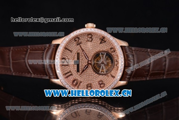 Jaeger-LECoultre Master Grande Tourbillon Swiss Tourbillon Automatic Rose Gold Case with Diamonds Dial and Brown Leather Strap Diamonds Bezel (FT) - Click Image to Close