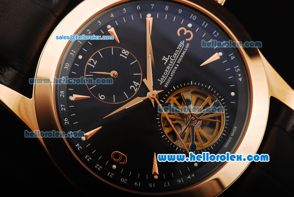 Jaeger-LeCountre Tourbillon Automatic Movement Rose Gold Case with Black Dial and Black Leather Strap - Click Image to Close