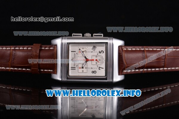 Jaeger-LeCoultre Reverso Chronograph Swiss Quartz Movement Steel Case with White Dial and Brown Leather Strap - Click Image to Close