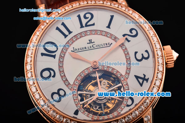 Jaeger LeCoultre Master Swiss ST Automatic Tourbillon Rose Gold Case with Diamond Bezel Brown Leather Strap and White MOP Dial - Click Image to Close