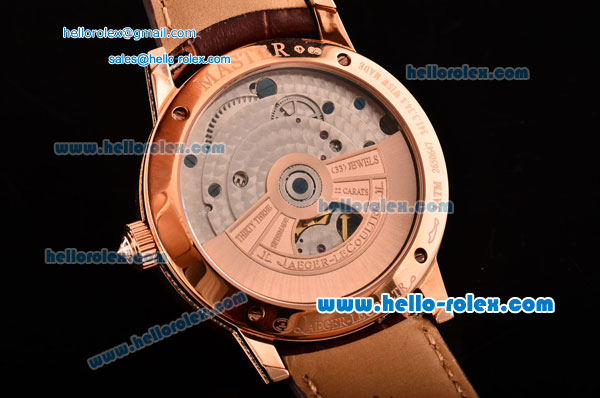 Jaeger LeCoultre Master Swiss ST Automatic Tourbillon Rose Gold Case Diamond Bezel Brown Leather Strap White Dial with Numeral Markers - Click Image to Close