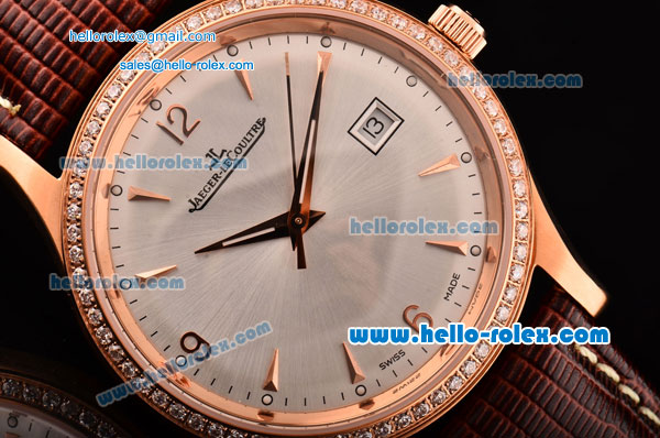 Jaeger LeCoultre Master Swiss ETA 2836 Automatic Rose Gold Case Diamond Bezel Brown Leather Strap White Dial with Stick Markers - Click Image to Close