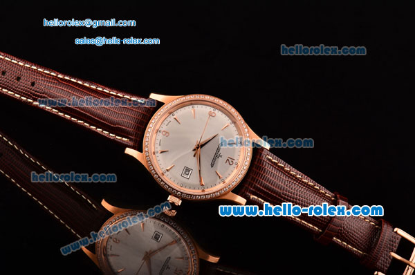 Jaeger LeCoultre Master Swiss ETA 2836 Automatic Rose Gold Case Diamond Bezel Brown Leather Strap White Dial with Stick Markers - Click Image to Close