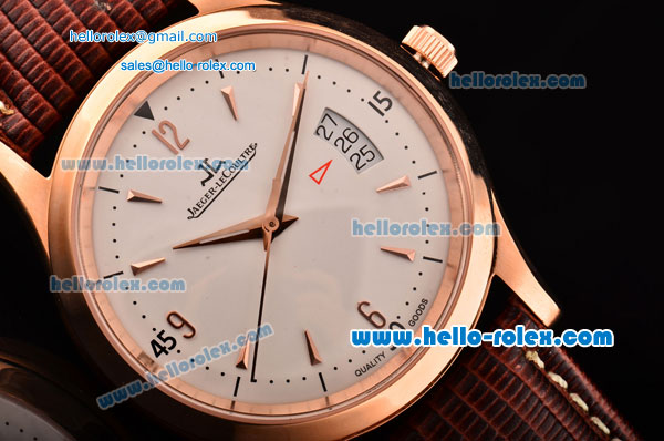Jaeger LeCoultre Master Swiss ETA 2836 Automatic Rose Gold Case Brown Leather Strap White Dial with Stick Markers - Click Image to Close