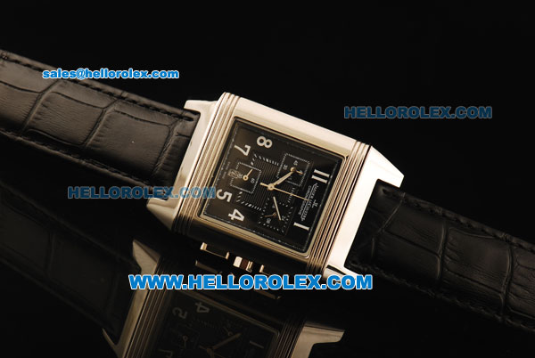 Jaeger-LeCoultre Reverso Chronograph Swiss Quartz Movement Steel Case with Black Dial and Black Leather Strap - Click Image to Close