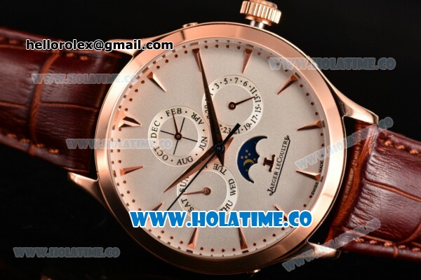 Jaeger-LECoultre Master Perpetual Calendar Asia Automatic Rose Gold Case with White Dial Stick Markers and Brown Leather Strap - Click Image to Close