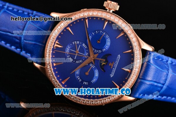 Jaeger-LECoultre Master Perpetual Calendar Asia Automatic Rose Gold Case with Blue Dial Stick Markers and Diamonds Bezel - Click Image to Close
