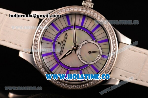 Jaeger-LeCoultre Lady Miyota Quartz Steel Case with White MOP Dial Purple Stick Markers and White Leather Strap - Diamonds Bezel - Click Image to Close