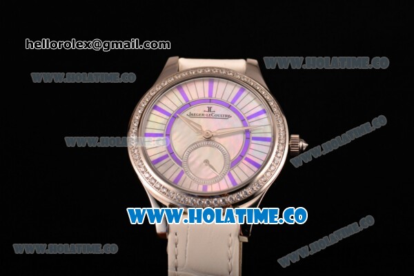 Jaeger-LeCoultre Lady Miyota Quartz Steel Case with White MOP Dial Purple Stick Markers and White Leather Strap - Diamonds Bezel - Click Image to Close