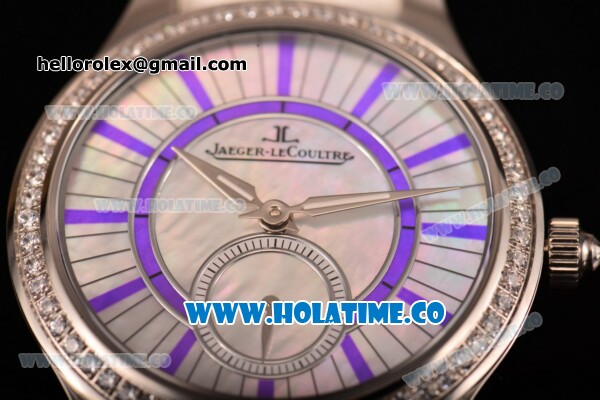 Jaeger-LeCoultre Lady Miyota Quartz Steel Case with White MOP Dial Purple Stick Markers and White Leather Strap - Diamonds Bezel - Click Image to Close