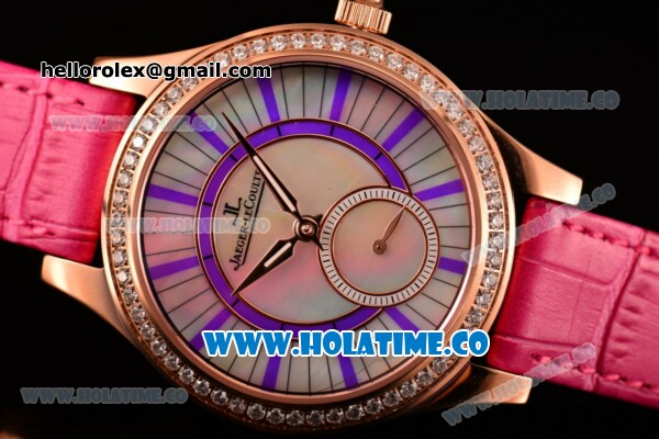 Jaeger-LeCoultre Lady Miyota Quartz Rose Gold Case with White MOP Dial Purple Stick Markers and Hot Pink Leather Strap - Diamonds Bezel - Click Image to Close