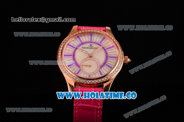 Jaeger-LeCoultre Lady Miyota Quartz Rose Gold Case with White MOP Dial Purple Stick Markers and Hot Pink Leather Strap - Diamonds Bezel - Click Image to Close