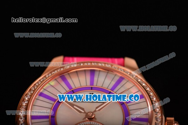 Jaeger-LeCoultre Lady Miyota Quartz Rose Gold Case with White MOP Dial Purple Stick Markers and Hot Pink Leather Strap - Diamonds Bezel - Click Image to Close