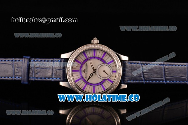 Jaeger-LeCoultre Lady Miyota Quartz Steel Case with White MOP Dial Purple Stick Markers and Blue Leather Strap - Diamonds Bezel - Click Image to Close