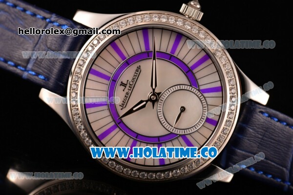Jaeger-LeCoultre Lady Miyota Quartz Steel Case with White MOP Dial Purple Stick Markers and Blue Leather Strap - Diamonds Bezel - Click Image to Close