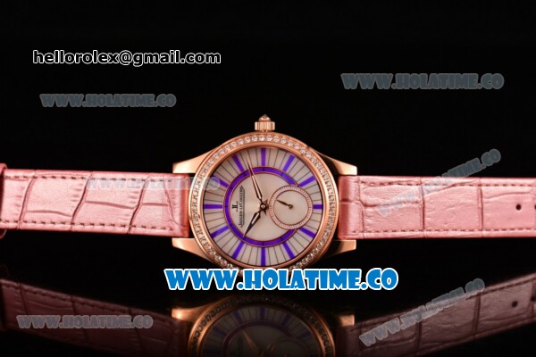 Jaeger-LeCoultre Lady Miyota Quartz Rose Gold Case with White MOP Dial Purple Stick Markers and Pink Leather Strap - Diamonds Bezel - Click Image to Close