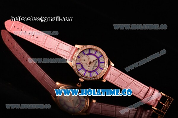 Jaeger-LeCoultre Lady Miyota Quartz Rose Gold Case with White MOP Dial Purple Stick Markers and Pink Leather Strap - Diamonds Bezel - Click Image to Close