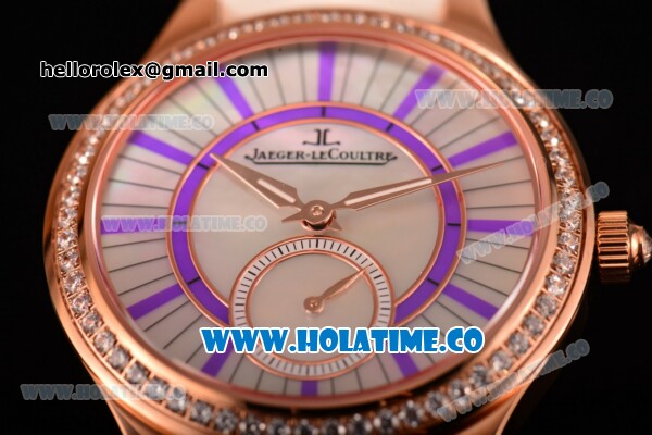 Jaeger-LeCoultre Lady Miyota Quartz Rose Gold Case with White MOP Dial Purple Stick Markers and White Leather Strap - Diamonds Bezel - Click Image to Close