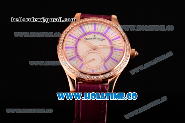 Jaeger-LeCoultre Lady Miyota Quartz Rose Gold Case with White MOP Dial Purple Stick Markers and Purple Leather Strap - Diamonds Bezel - Click Image to Close