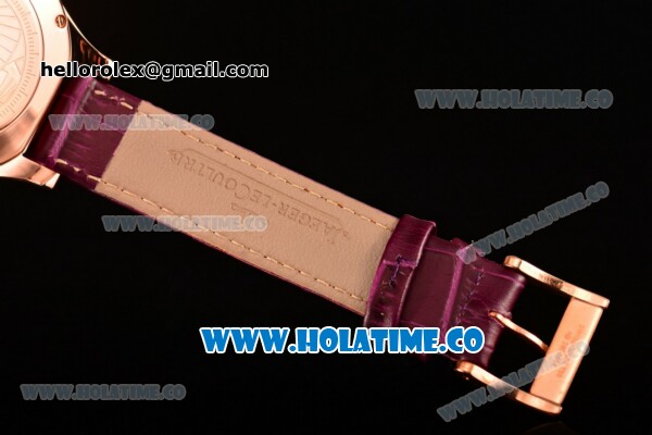 Jaeger-LeCoultre Lady Miyota Quartz Rose Gold Case with White MOP Dial Purple Stick Markers and Purple Leather Strap - Diamonds Bezel - Click Image to Close