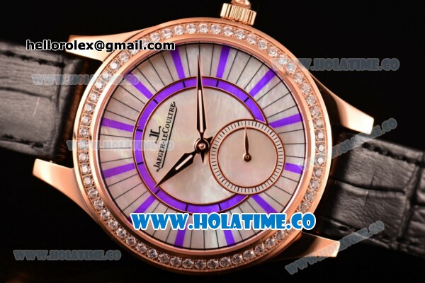 Jaeger-LeCoultre Lady Miyota Quartz Rose Gold Case with White MOP Dial Purple Stick Markers and Black Leather Strap - Diamonds Bezel - Click Image to Close