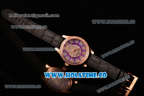 Jaeger-LeCoultre Lady Miyota Quartz Rose Gold Case with White MOP Dial Purple Stick Markers and Black Leather Strap - Diamonds Bezel - Click Image to Close