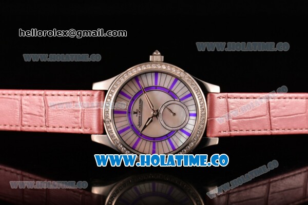 Jaeger-LeCoultre Lady Miyota Quartz Steel Case with White MOP Dial Purple Stick Markers and Pink Leather Strap - Diamonds Bezel - Click Image to Close