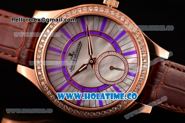 Jaeger-LeCoultre Lady Miyota Quartz Rose Gold Case with White MOP Dial Purple Stick Markers and Brown Leather Strap - Diamonds Bezel - Click Image to Close