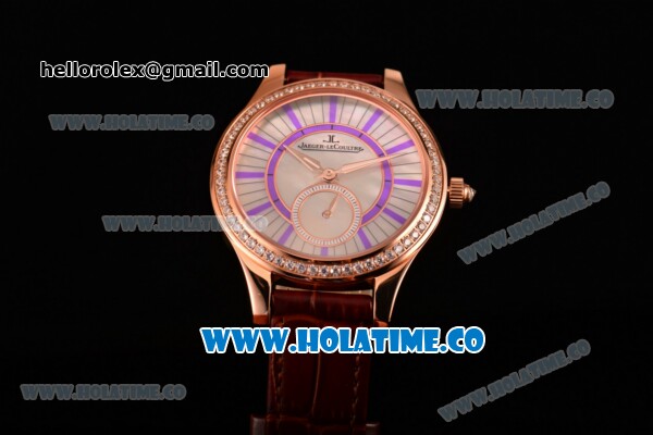 Jaeger-LeCoultre Lady Miyota Quartz Rose Gold Case with White MOP Dial Purple Stick Markers and Brown Leather Strap - Diamonds Bezel - Click Image to Close