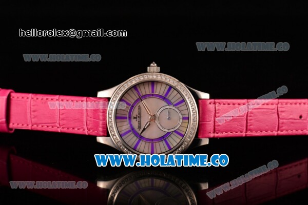 Jaeger-LeCoultre Lady Miyota Quartz Steel Case with White MOP Dial Purple Stick Markers and Hot Pink Leather Strap - Diamonds Bezel - Click Image to Close