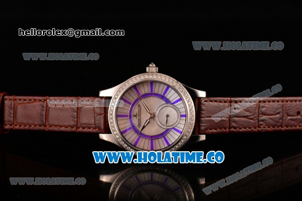 Jaeger-LeCoultre Lady Miyota Quartz Steel Case with White MOP Dial Purple Stick Markers and Brown Leather Strap - Diamonds Bezel - Click Image to Close