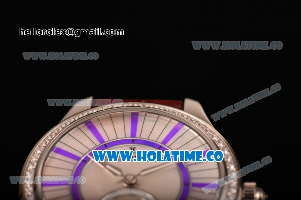 Jaeger-LeCoultre Lady Miyota Quartz Steel Case with White MOP Dial Purple Stick Markers and Brown Leather Strap - Diamonds Bezel - Click Image to Close