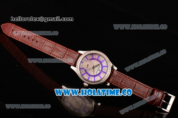 Jaeger-LeCoultre Lady Miyota Quartz Steel Case with White MOP Dial Purple Stick Markers and Brown Leather Strap - Diamonds Bezel - Click Image to Close