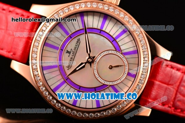 Jaeger-LeCoultre Lady Miyota Quartz Rose Gold Case with White MOP Dial Purple Stick Markers and Red Leather Strap - Diamonds Bezel - Click Image to Close