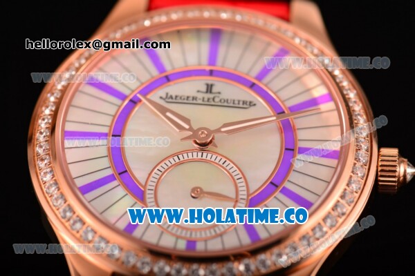 Jaeger-LeCoultre Lady Miyota Quartz Rose Gold Case with White MOP Dial Purple Stick Markers and Red Leather Strap - Diamonds Bezel - Click Image to Close