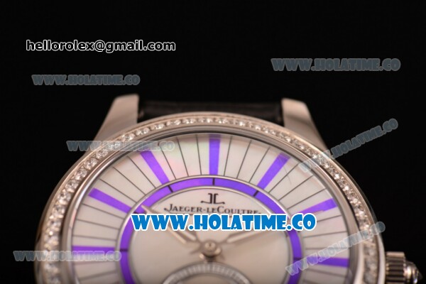 Jaeger-LeCoultre Lady Miyota Quartz Steel Case with White MOP Dial Purple Stick Markers and Black Leather Strap - Diamonds Bezel - Click Image to Close