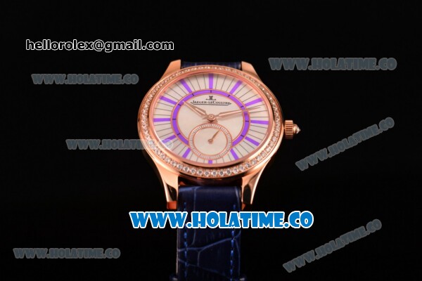 Jaeger-LeCoultre Lady Miyota Quartz Rose Gold Case with White MOP Dial Purple Stick Markers and Blue Leather Strap - Diamonds Bezel - Click Image to Close