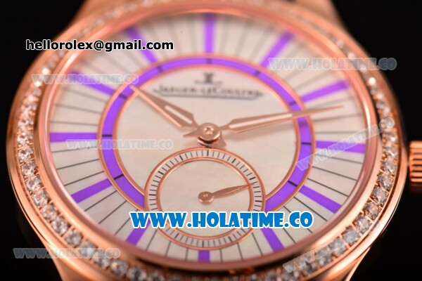 Jaeger-LeCoultre Lady Miyota Quartz Rose Gold Case with White MOP Dial Purple Stick Markers and Blue Leather Strap - Diamonds Bezel - Click Image to Close