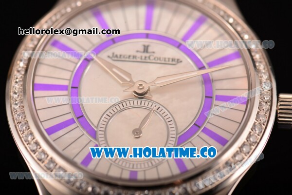 Jaeger-LeCoultre Lady Miyota Quartz Steel Case with White MOP Dial Red Leather Strap and Purple Stick Markers - Diamonds Bezel - Click Image to Close