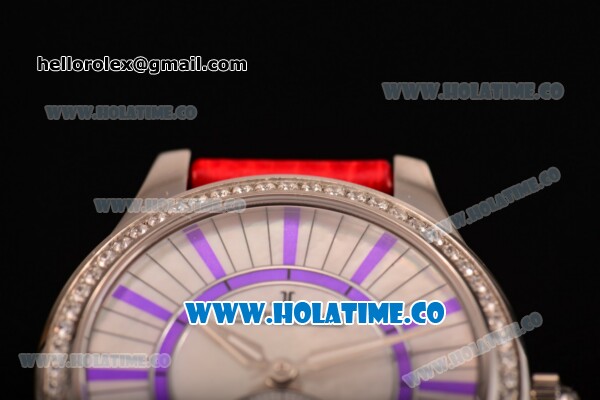 Jaeger-LeCoultre Lady Miyota Quartz Steel Case with White MOP Dial Red Leather Strap and Purple Stick Markers - Diamonds Bezel - Click Image to Close